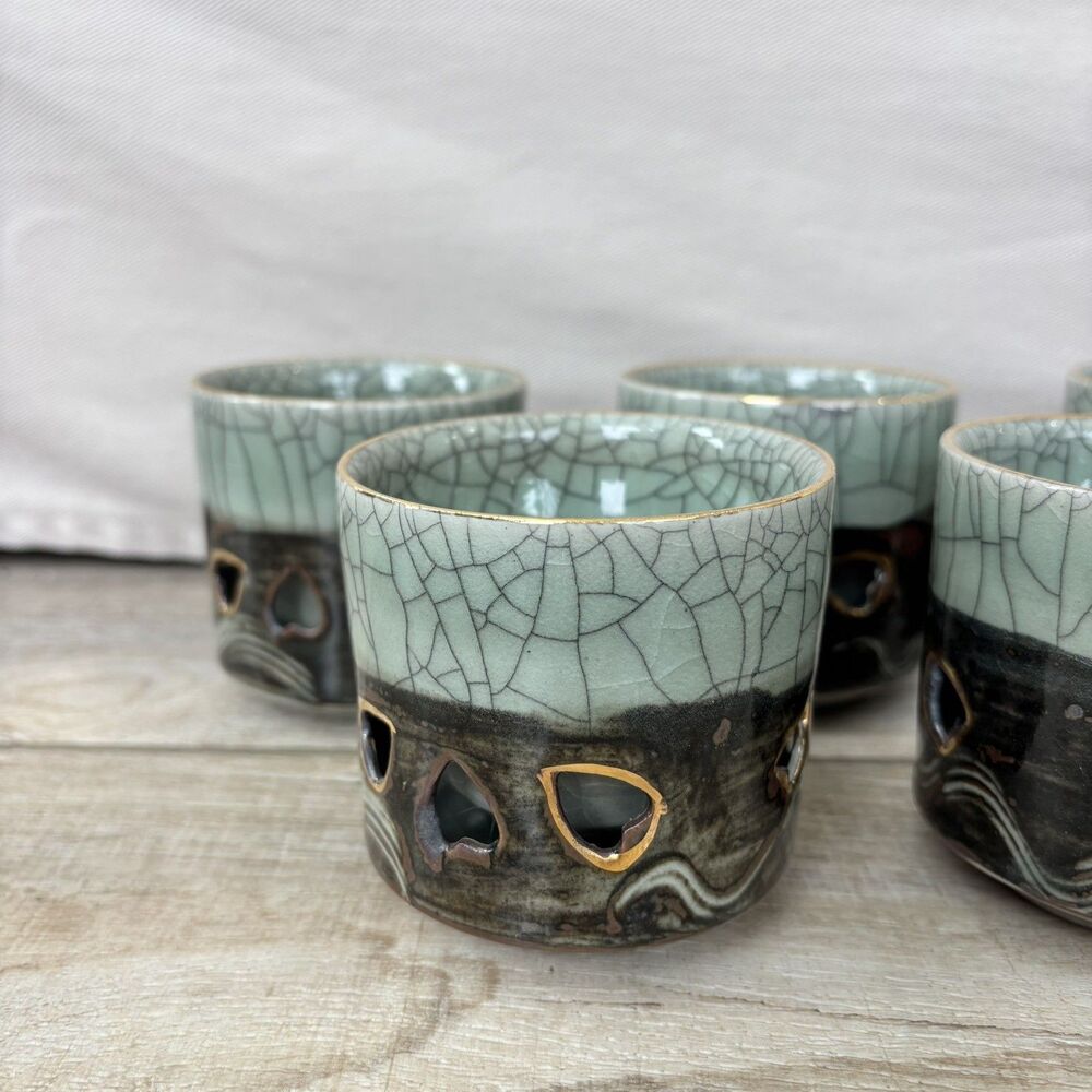 Vintage Somayaki Soma Ware Japan Double Wall Hearts Tea Cups Gold Horse Set of 7 - Picture 3 of 15